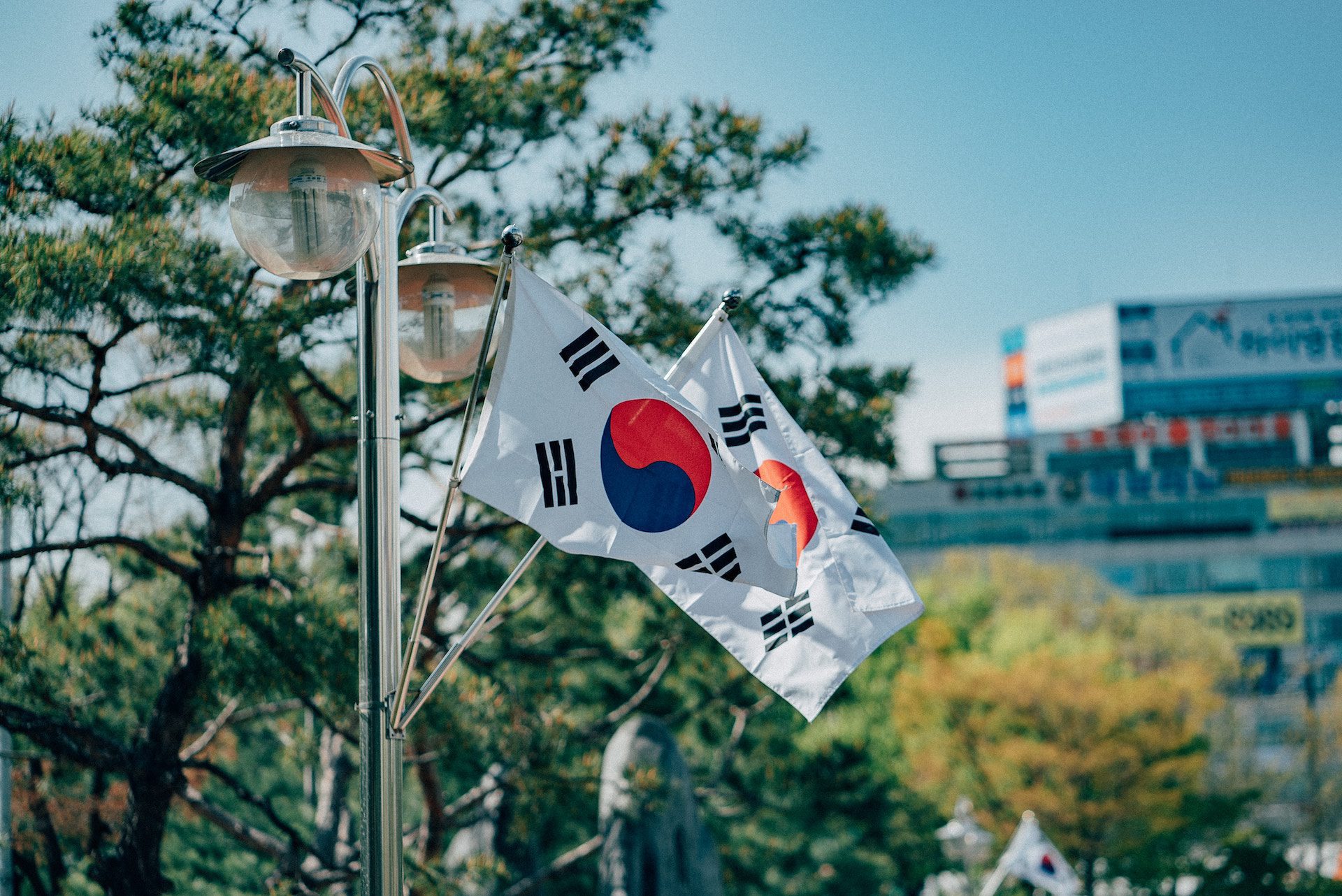 South Korea flag with trees and buildings in the background