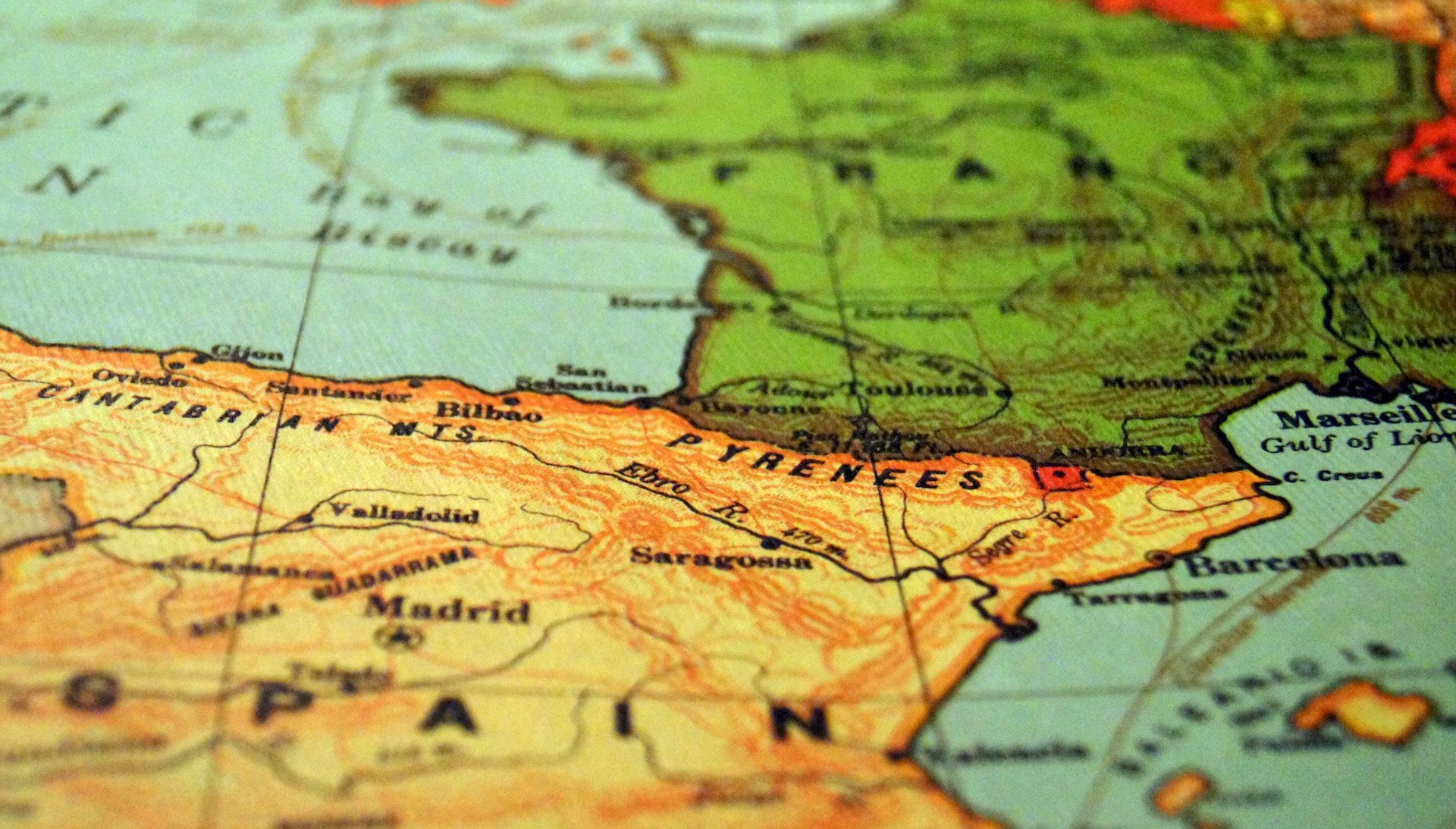 close up of a globe showing Spain